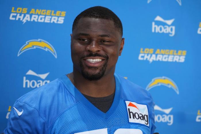 Jun 14, 2022; Costa Mesa, California, USA; Los Angeles Chargers linebacker Khalil Mack during minicamp press conference at the Hoag Performance Center. Mandatory Credit: Kirby Lee-USA TODAY Sports